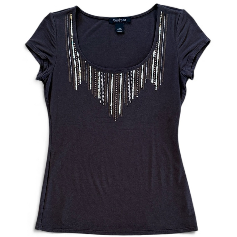 WHITE HOUSE BLACK MARKET DARK BROWN GOLD SEQUIN ACCENT BLOUSE CASUAL TOP SIZE XS